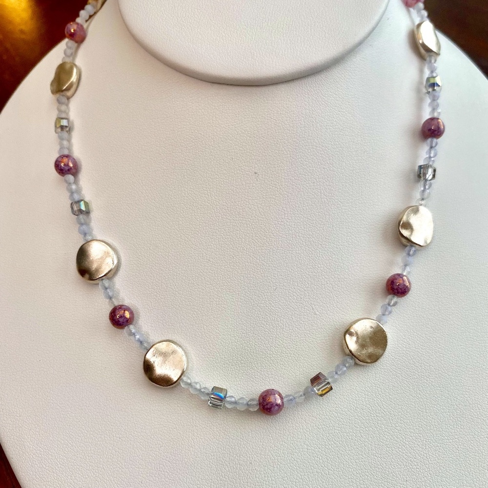 Antique Silver, Crackled Lavender Glass & Frosted Glass Bead Necklace